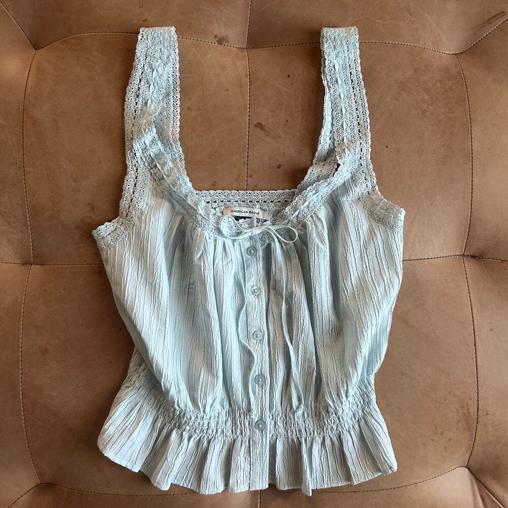 Milkmaid Peplum Top Button Front Lace Strap Feminine Cottagecore XS Blue AE